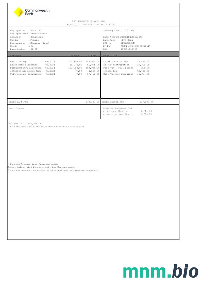 Commonwealth Bank CBA Services payslip template w formatach Word i PDF